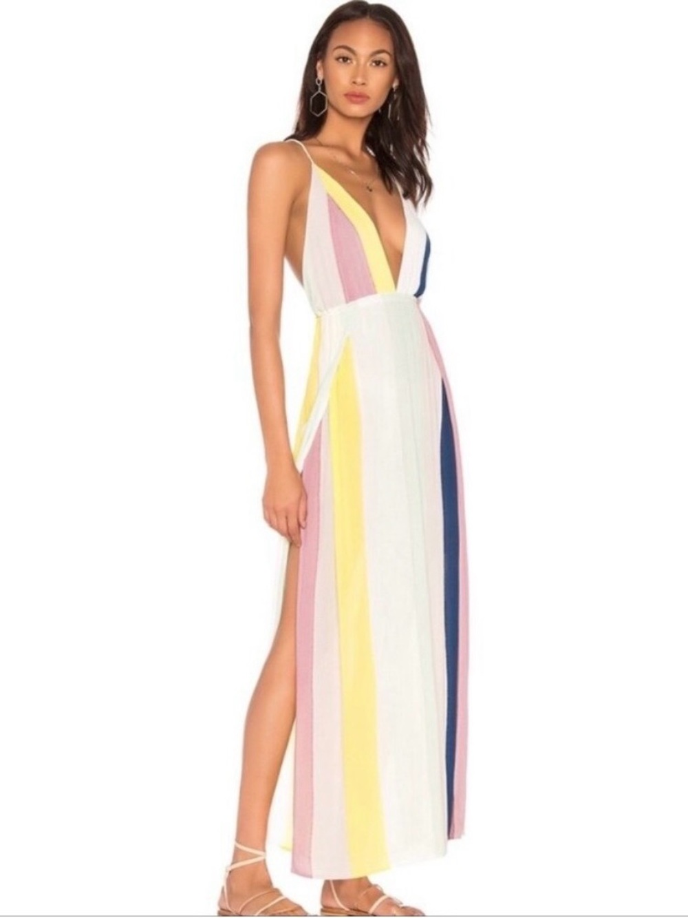 Indah River V-Neck Striped Open Back Maxi Dress Vacation Summer Boho Bohemian XS